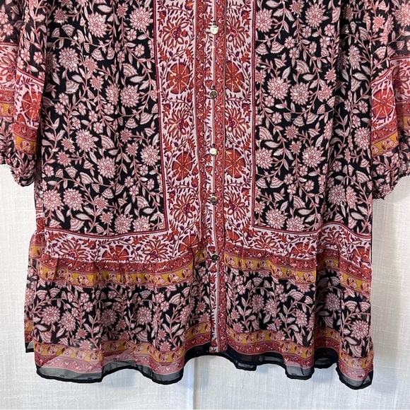 1. State NWT Floral Gold Metallic Button Front Bell Sleeve Boho Dress Sz S - Picture 3 of 12